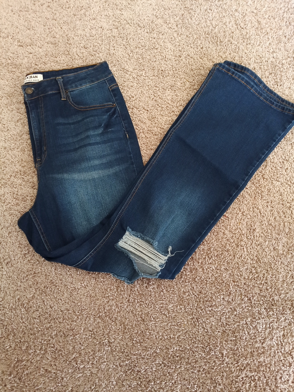 Wax Jean Dark Blue Skinny Bell Bottom Jeans with Knee Distress‎